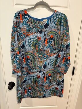 J. Crew Factory Long Sleeve Paisley Shift Dress in Blue, Teal & Orange